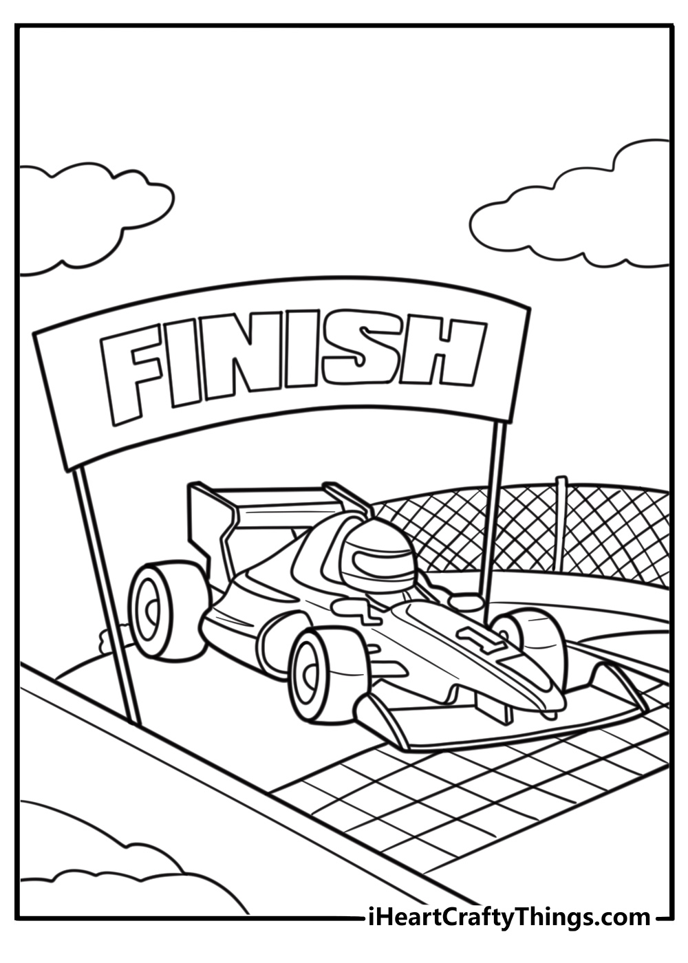 F1 car crossing the finish line free coloring page pdf