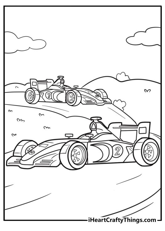 F1 car in a high speed chase free coloring page pdf