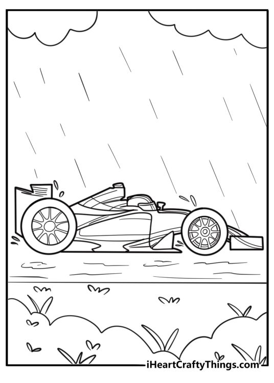 F1 car in the rain with wet tires printable coloring page