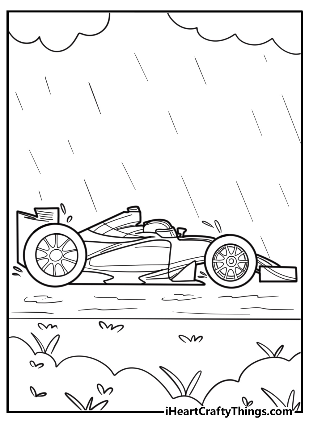 F1 car in the rain with wet tires printable coloring page