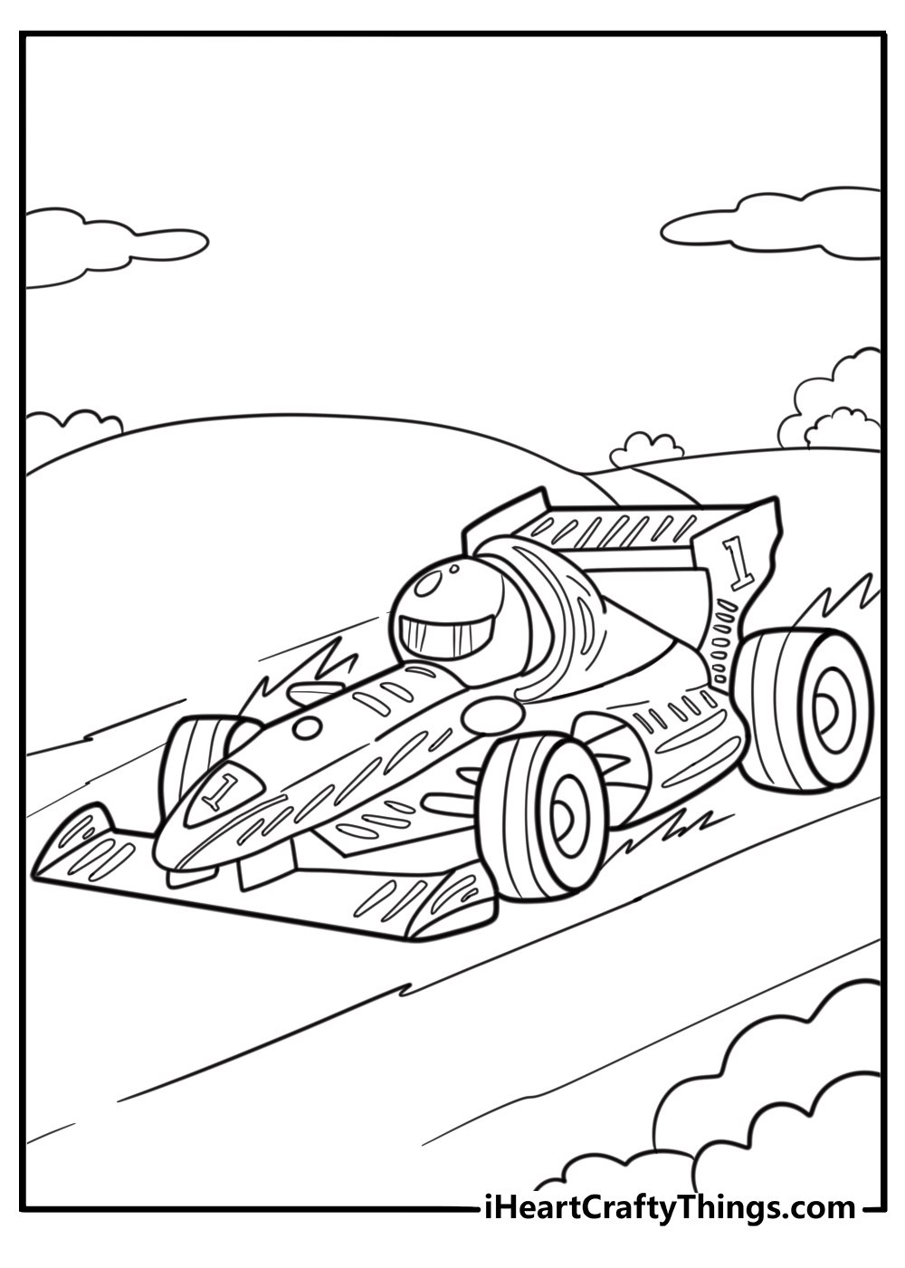 F1 car on a sharp corner free printable coloring page