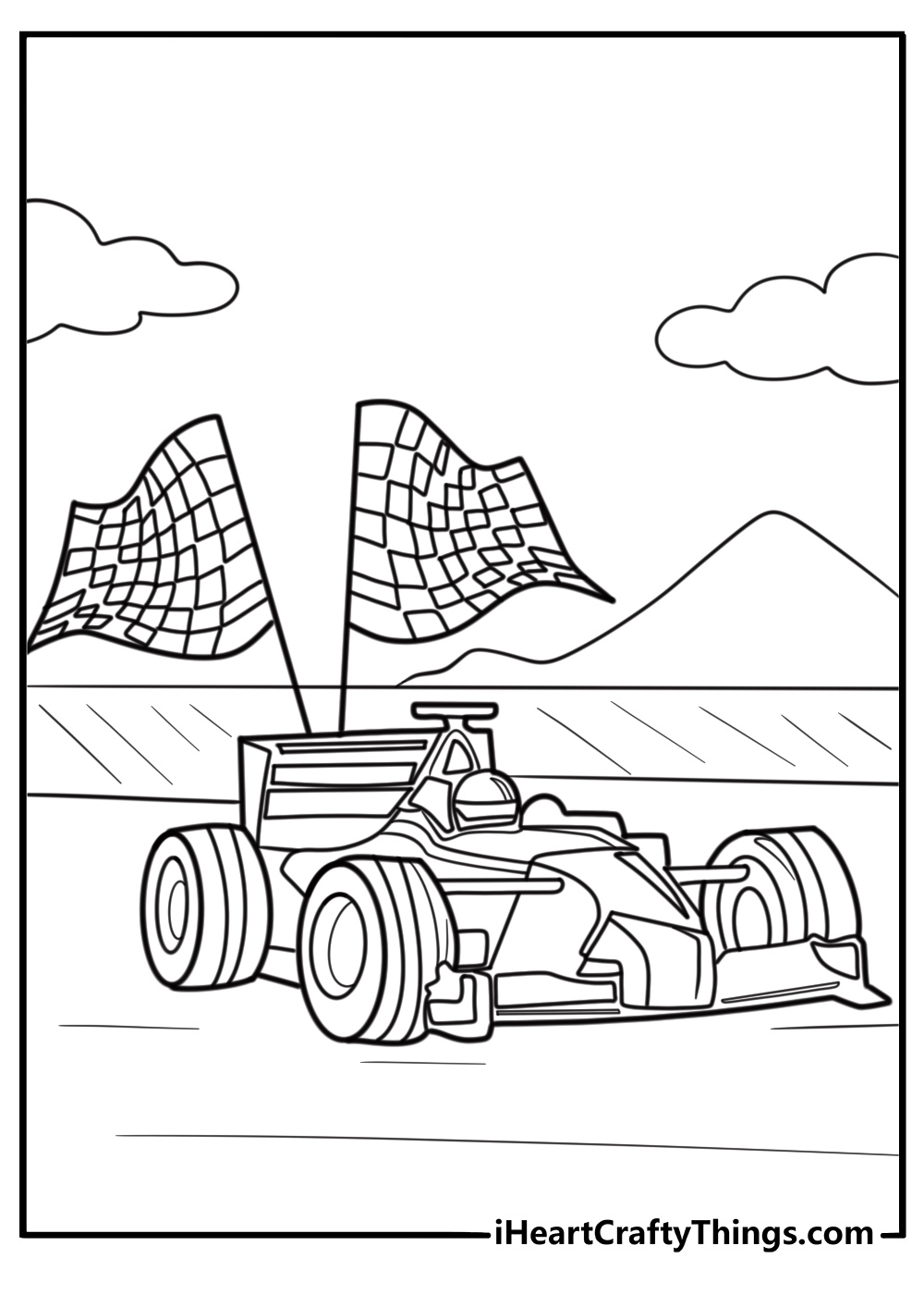 F1 car racing under the checkered flag printable coloring page