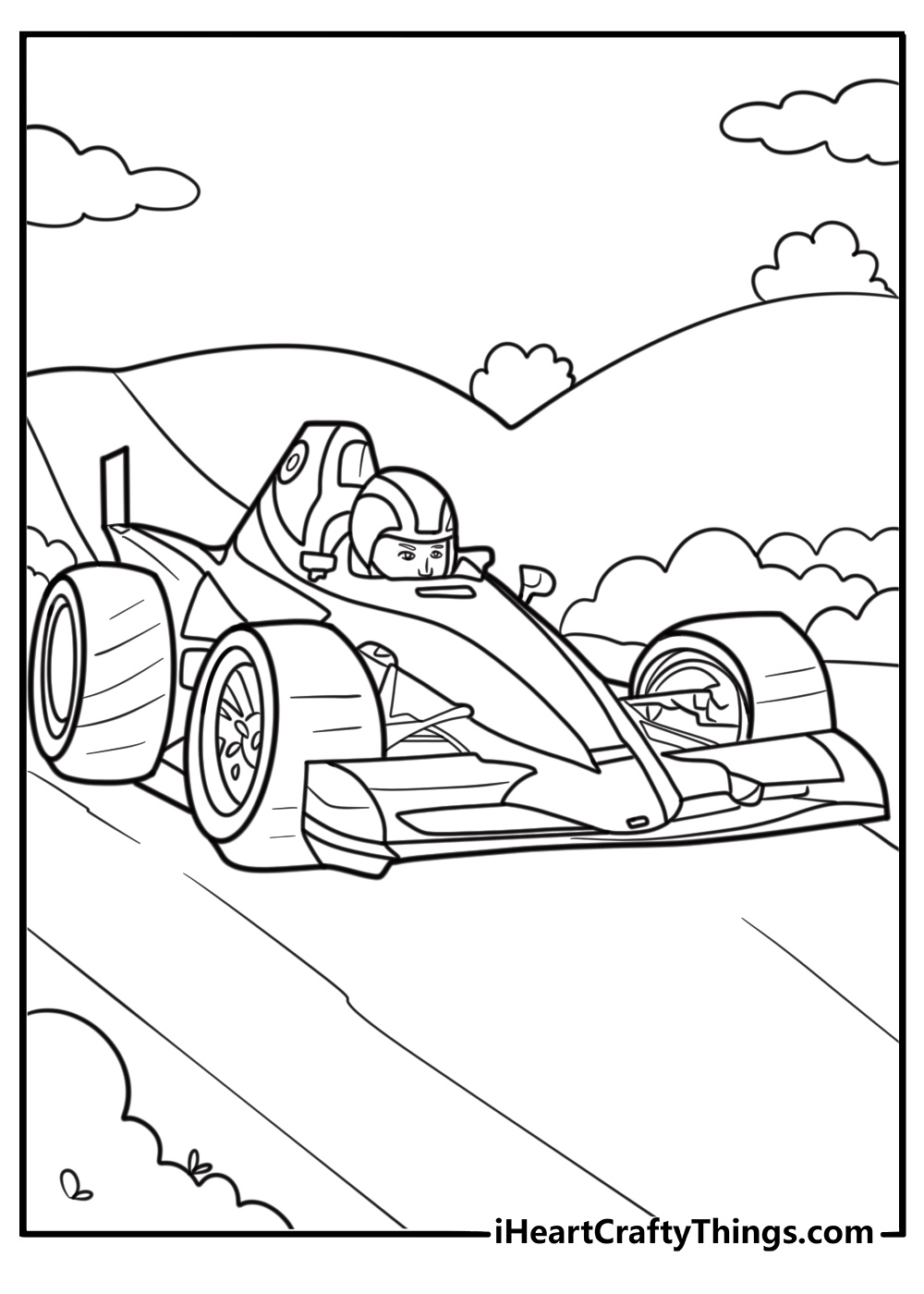 F1 car with open cockpit design coloring page