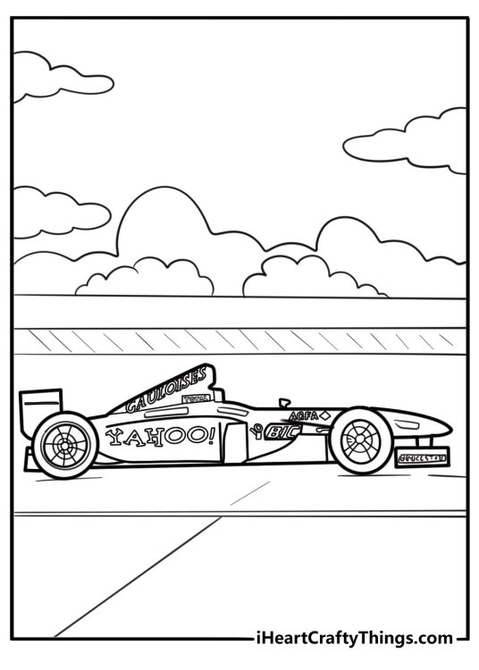 F1 car with sponsor logos coloring page for kids