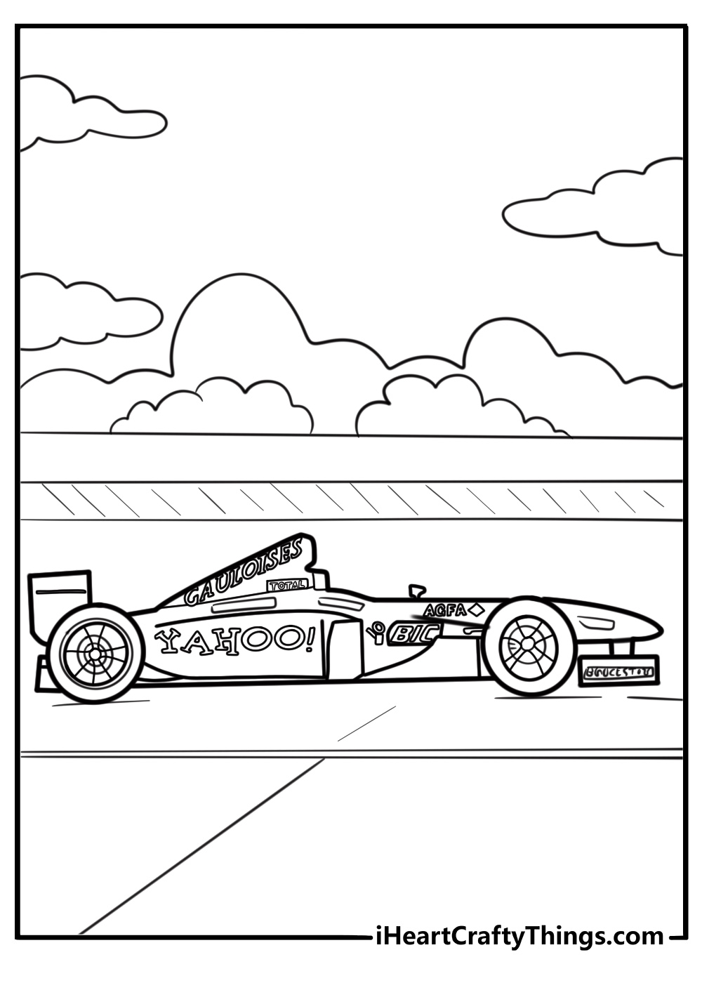 F1 car with sponsor logos coloring page for kids