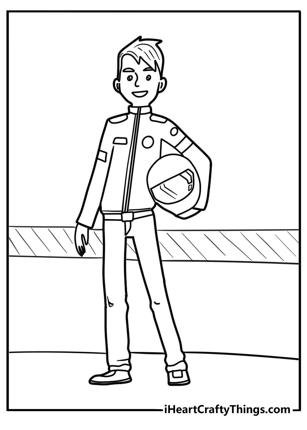 F1 driver in racing suit detailed coloring sheet