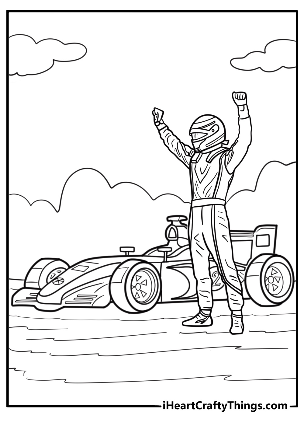 F1 driver stepping out of the car free coloring page pdf