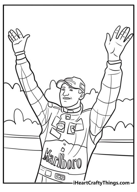 F1 driver waving to fans free coloring page pdf