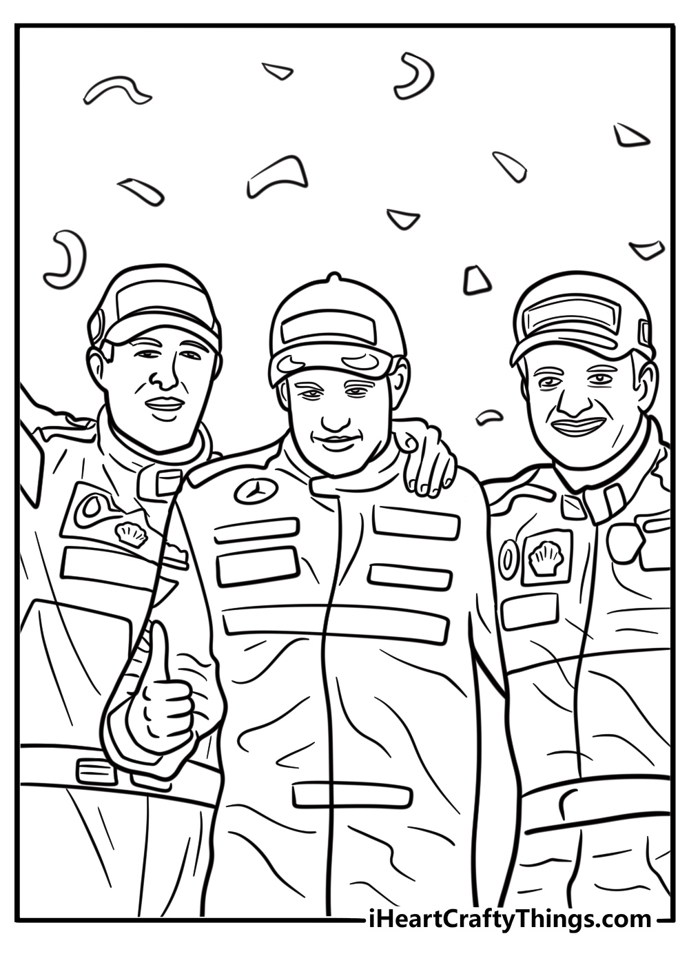 F1 podium with top three drivers printable coloring page