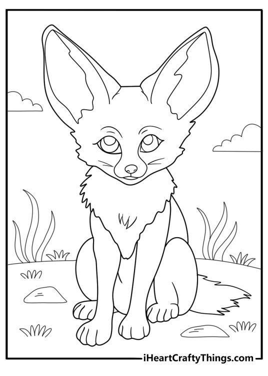 fennec fox with oversized ears sitting in desert printable coloring page