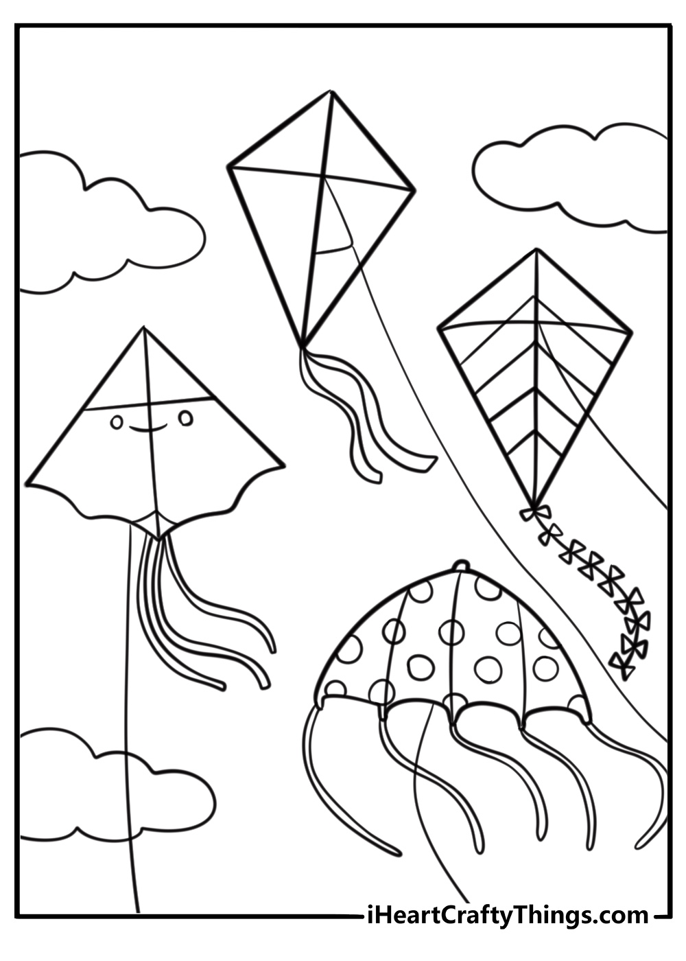 Festival scene with many kites in the sky free coloring page pdf