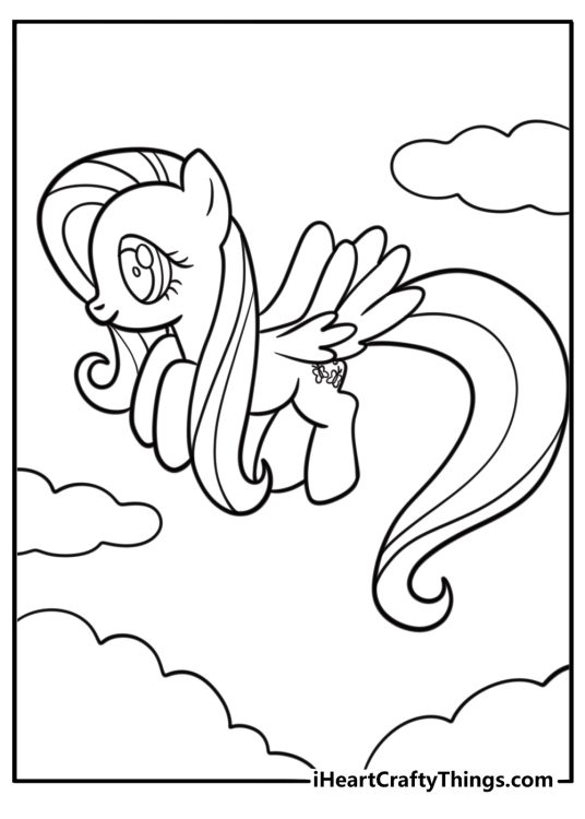 Fluttershy flying gently through the clouds fun coloring sheet
