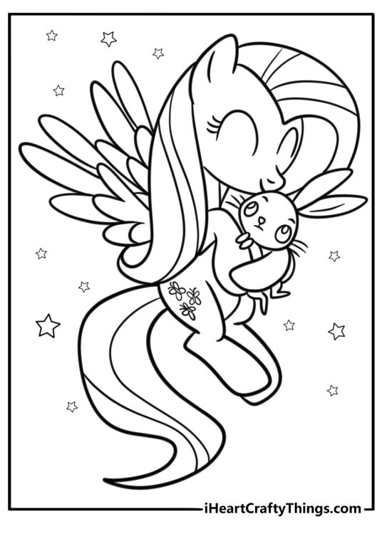 Fluttershy hugging Angel Bunny free printable coloring page
