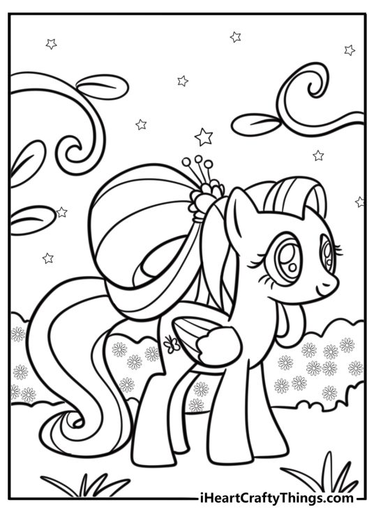 Fluttershy in a magical forest printable coloring page