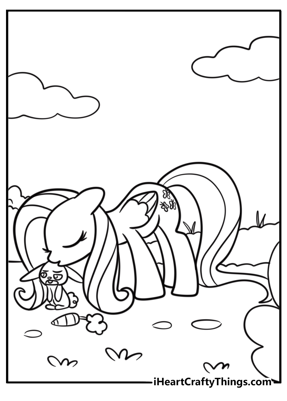 Fluttershy in her cottage with animals free coloring page pdf