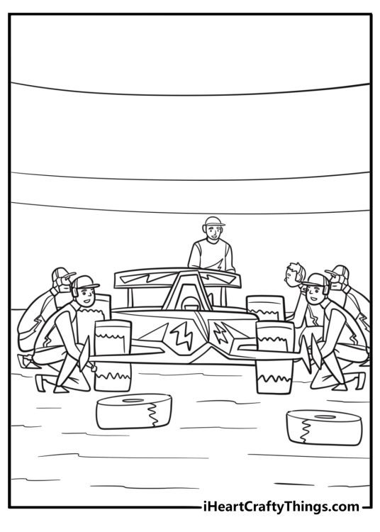 Formula 1 car pit crew changing tires detailed coloring sheet
