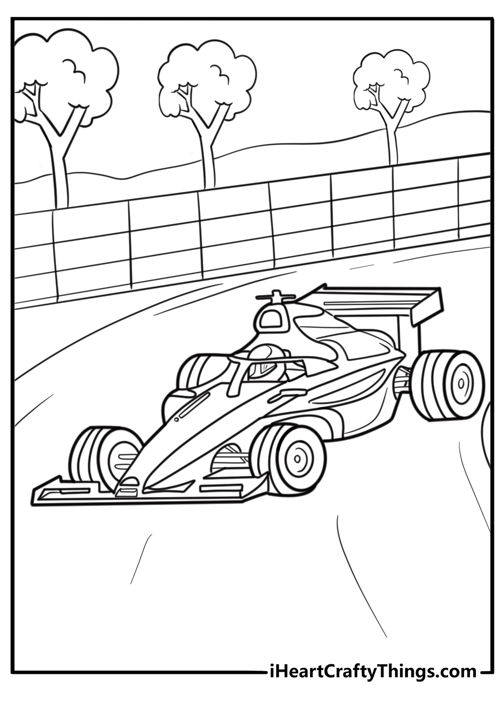 Formula 1 car with aerodynamic wings fun coloring sheet