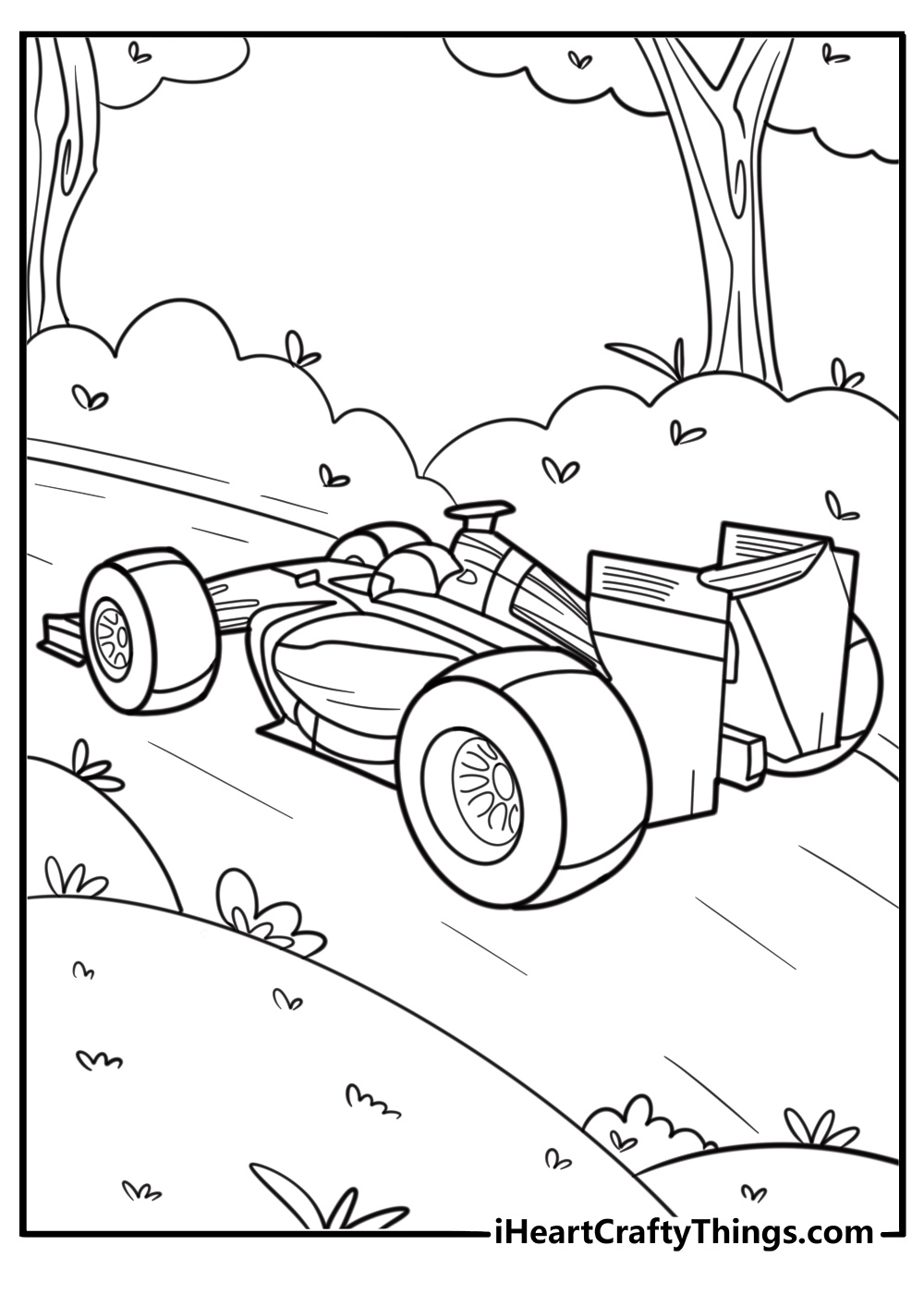 Formula 1 car with large rear wing fun coloring sheet