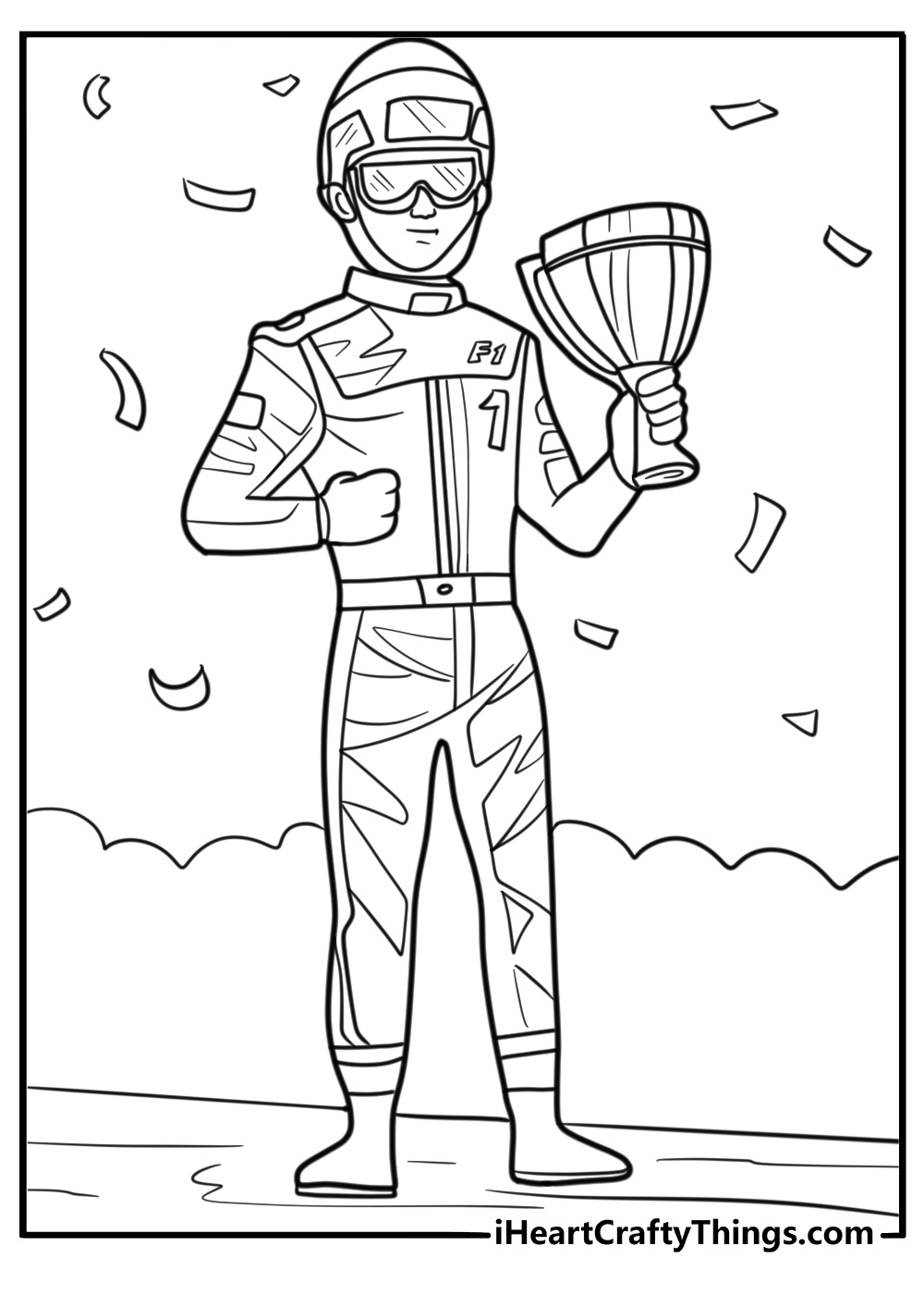 Formula 1 driver holding a trophy detailed coloring sheet