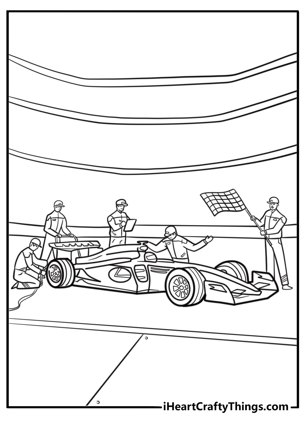 Formula 1 pit stop scene fun printable coloring sheet