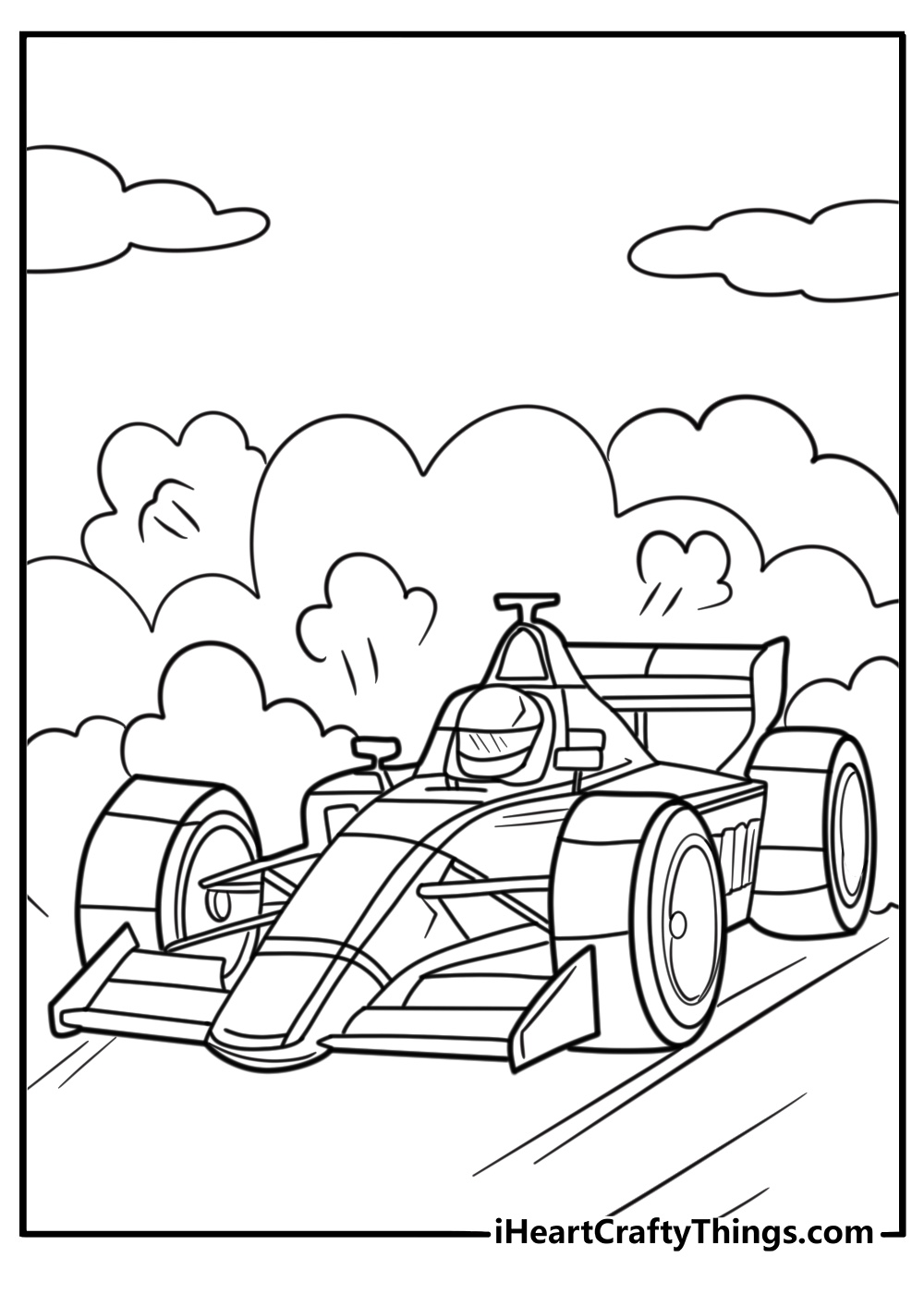 Formula 1 race car speeding on the track coloring page