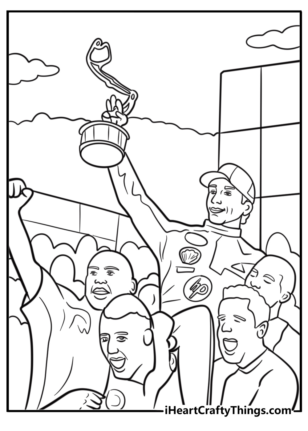 Formula 1 team celebrating a victory detailed coloring sheet