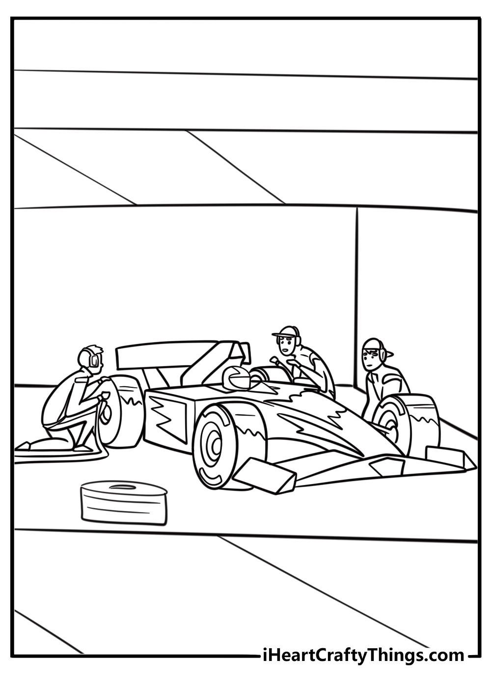 Formula 1 team working in the garage fun coloring sheet