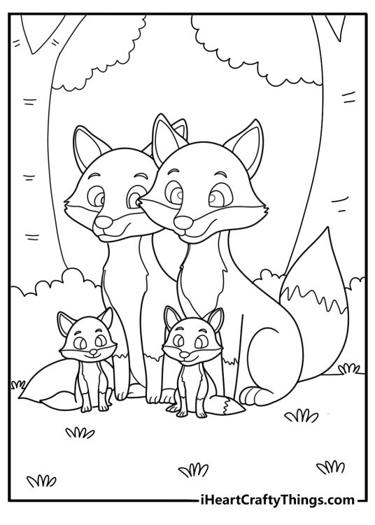 fox family in a den with pups simple coloring page for kids