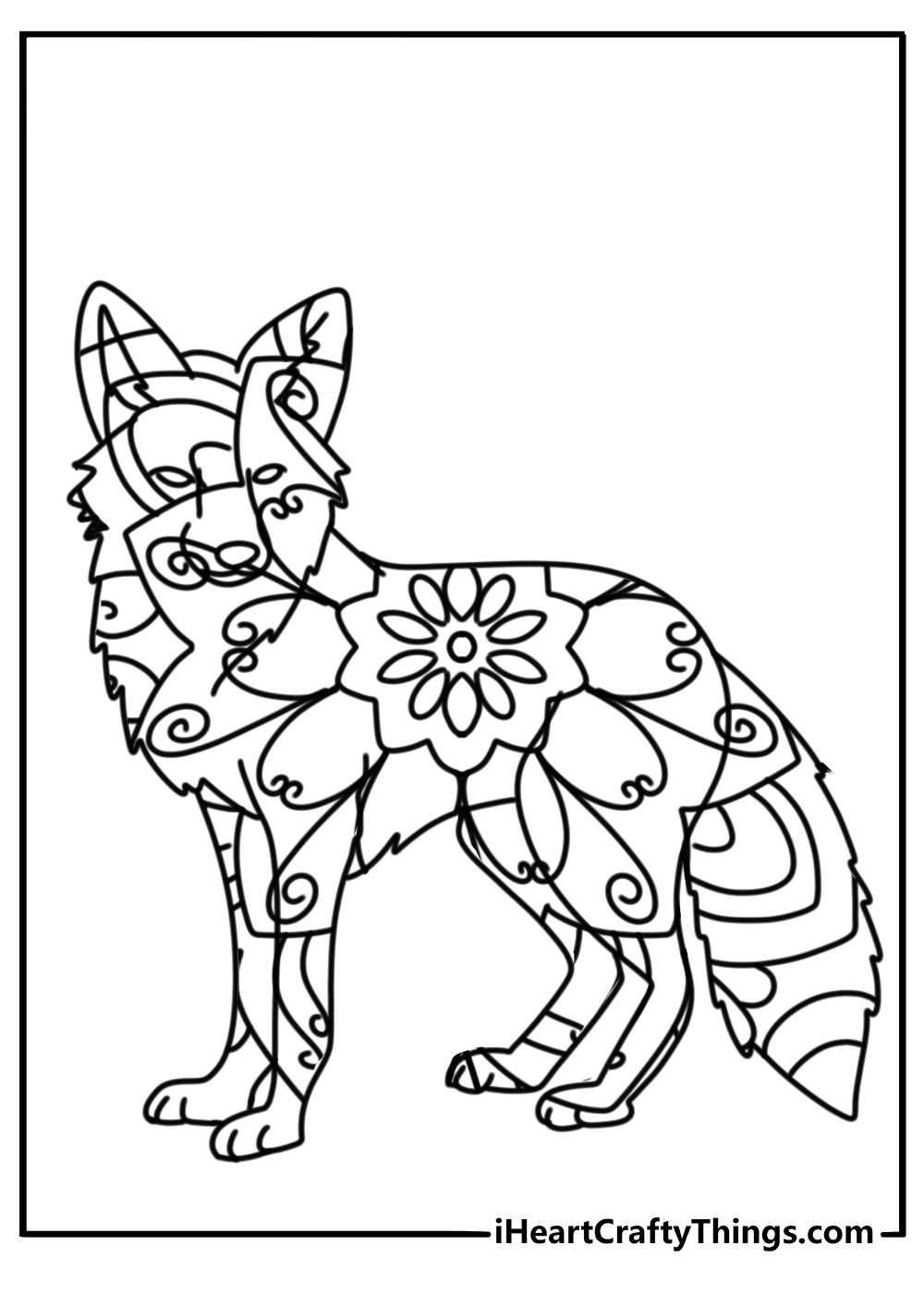 Fox mandala with intricate fur patterns detailed coloring sheet