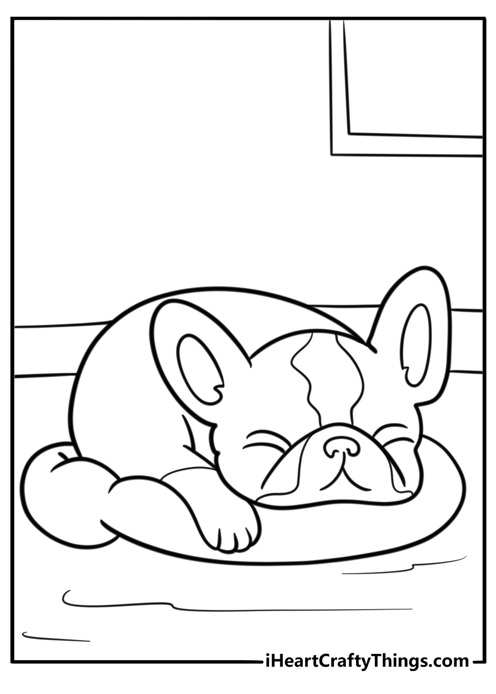 French bulldog in a dog bed free coloring page pdf