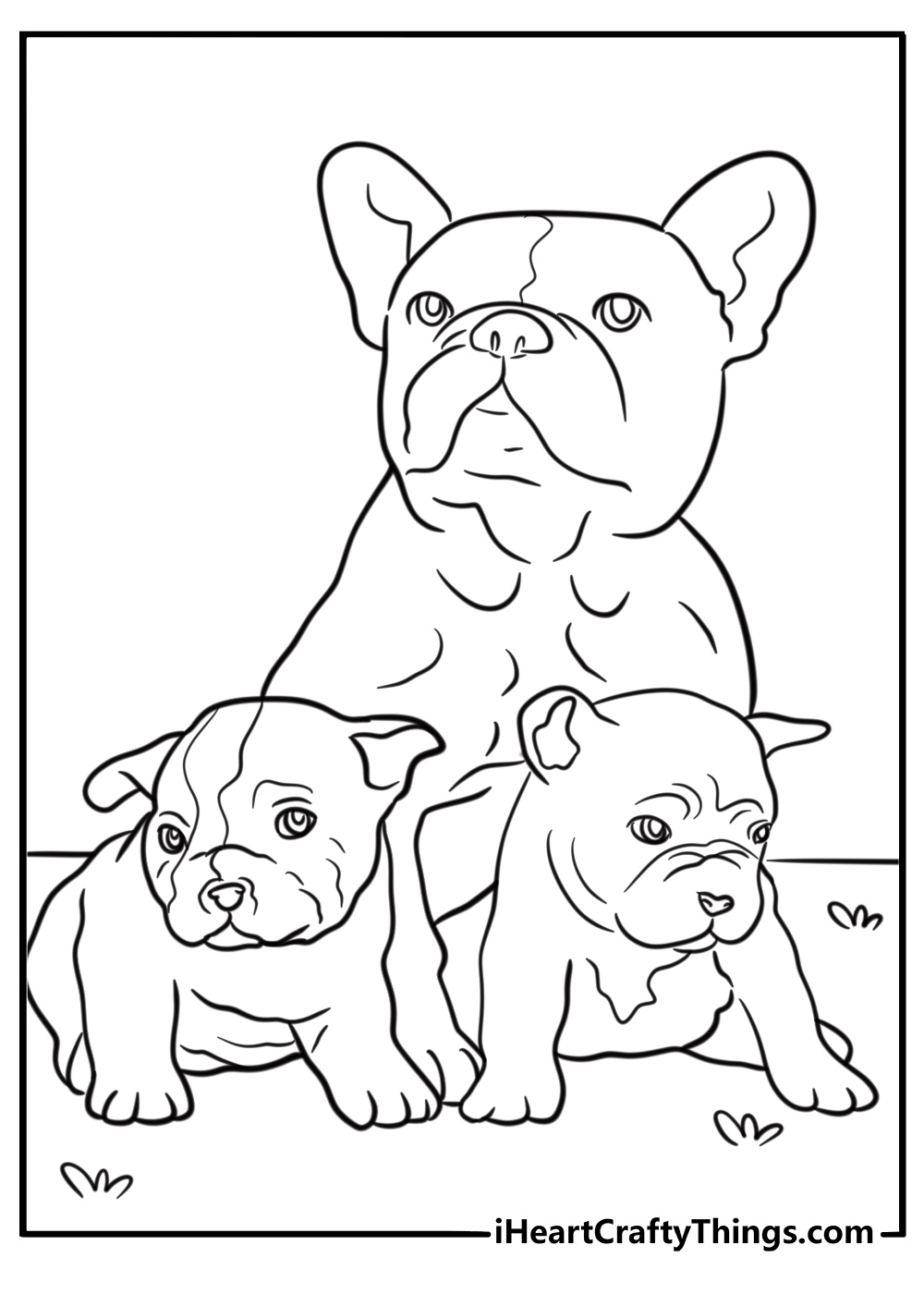 French bulldog mother and puppies detailed coloring sheet