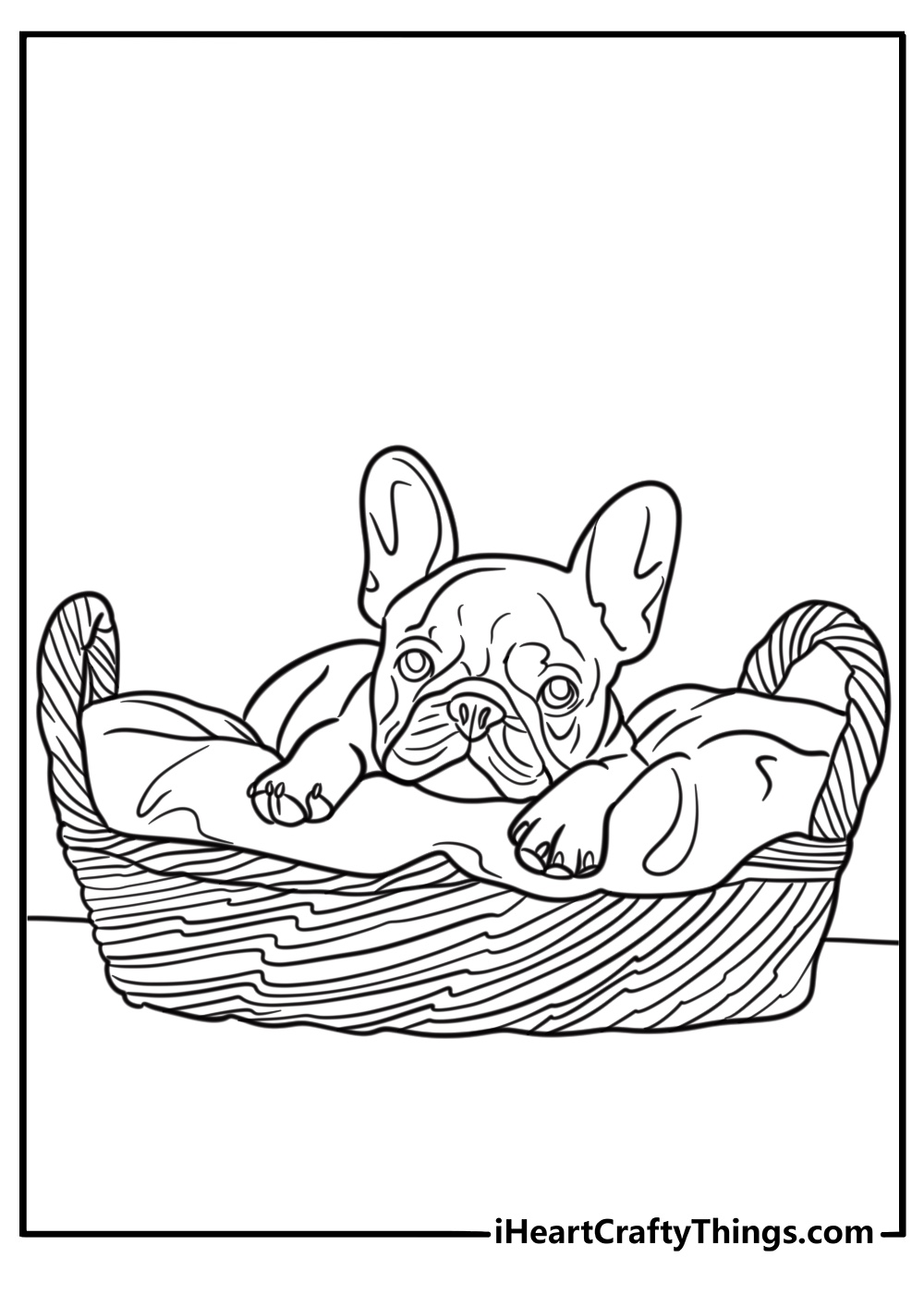 French bulldog puppy sitting in a basket detailed coloring sheet