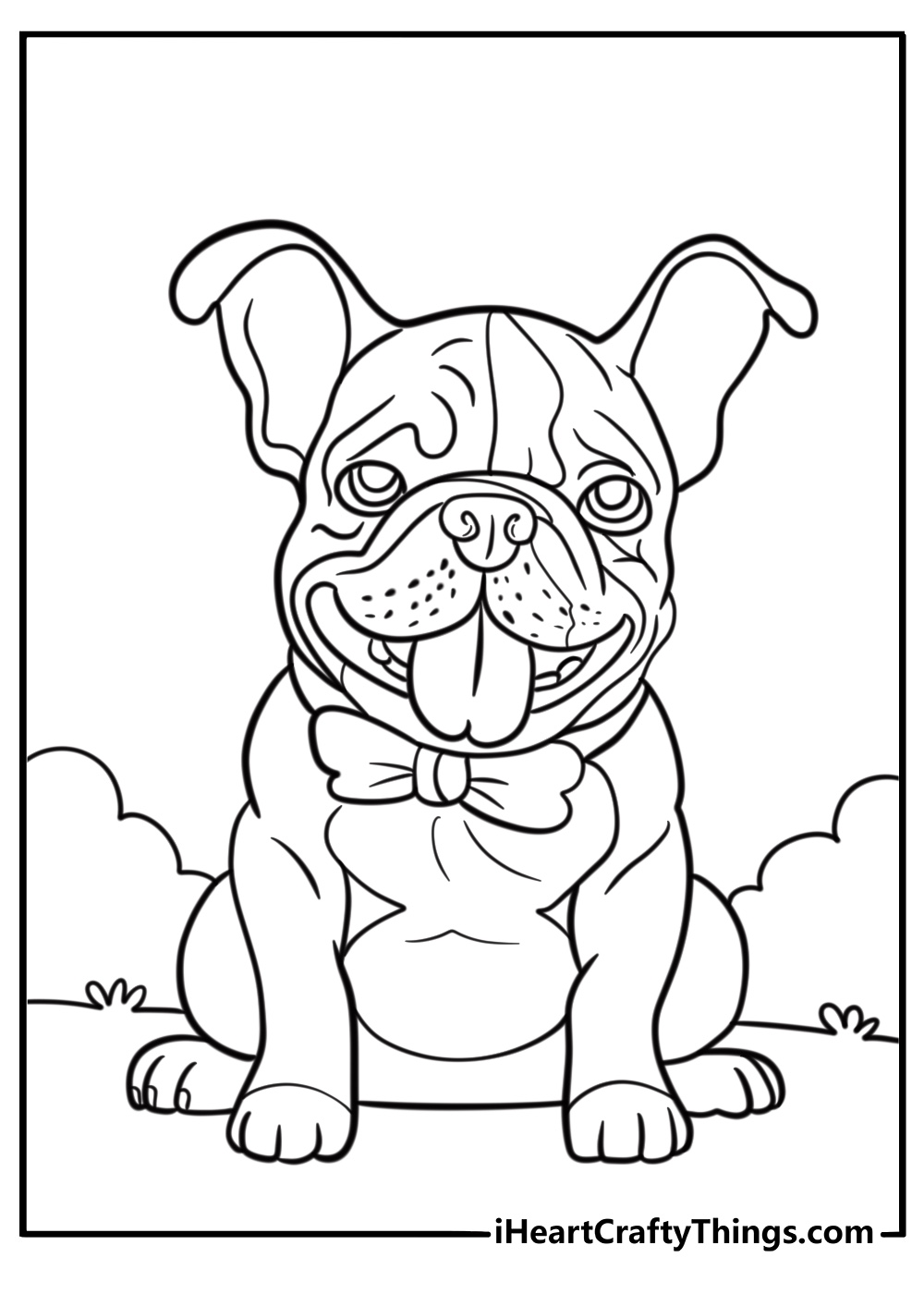 French bulldog wearing a bowtie coloring page for kids