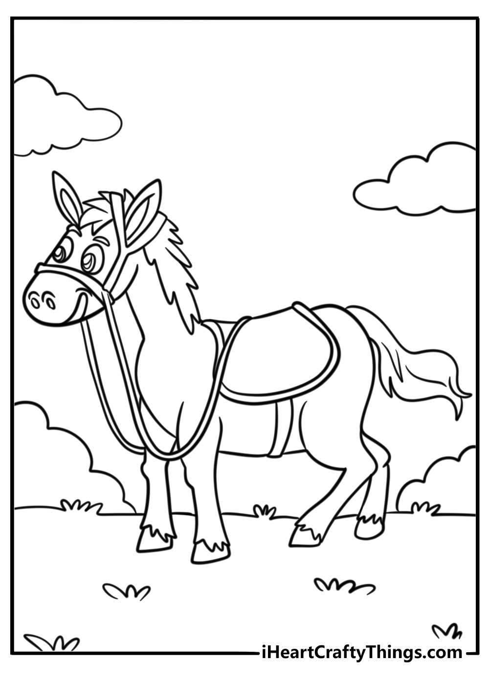 Friendly donkey with a saddle free coloring page pdf