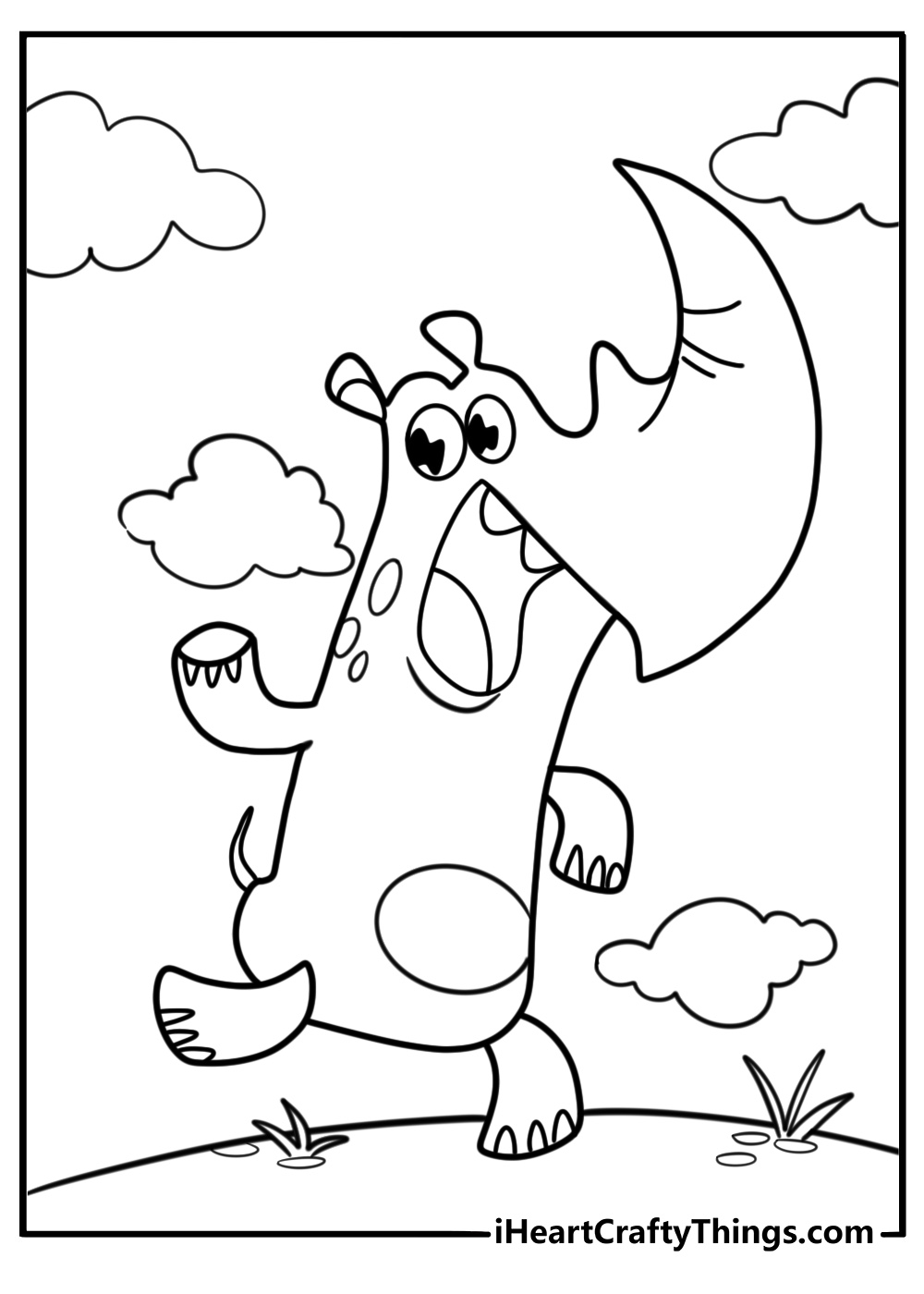 Funny cartoon rhino running free printable coloring sheet