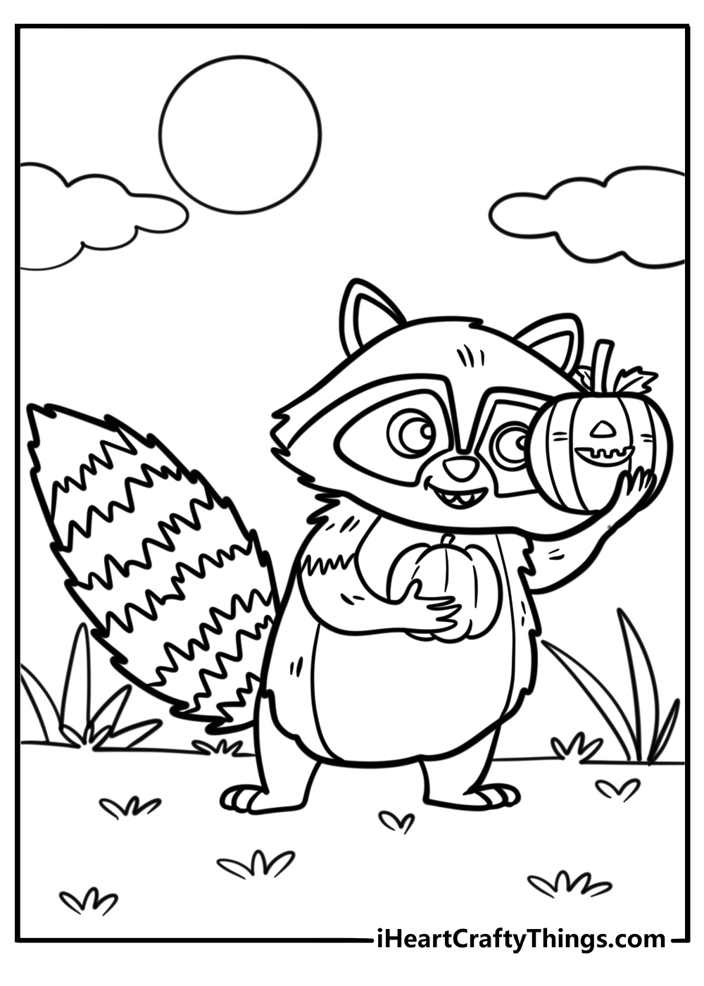 Funny raccoon holding a pumpkin fun coloring sheet