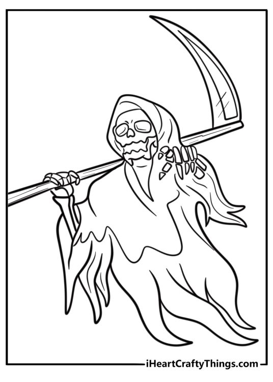Ghostly grim reaper floating in the night free printable coloring page