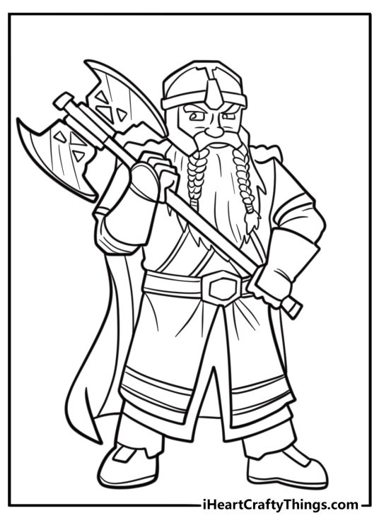 Gimli swinging his axe in battle coloring page