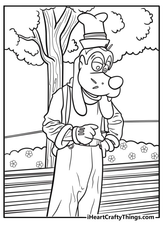 Goofy smiling at Disneyland detailed coloring sheet
