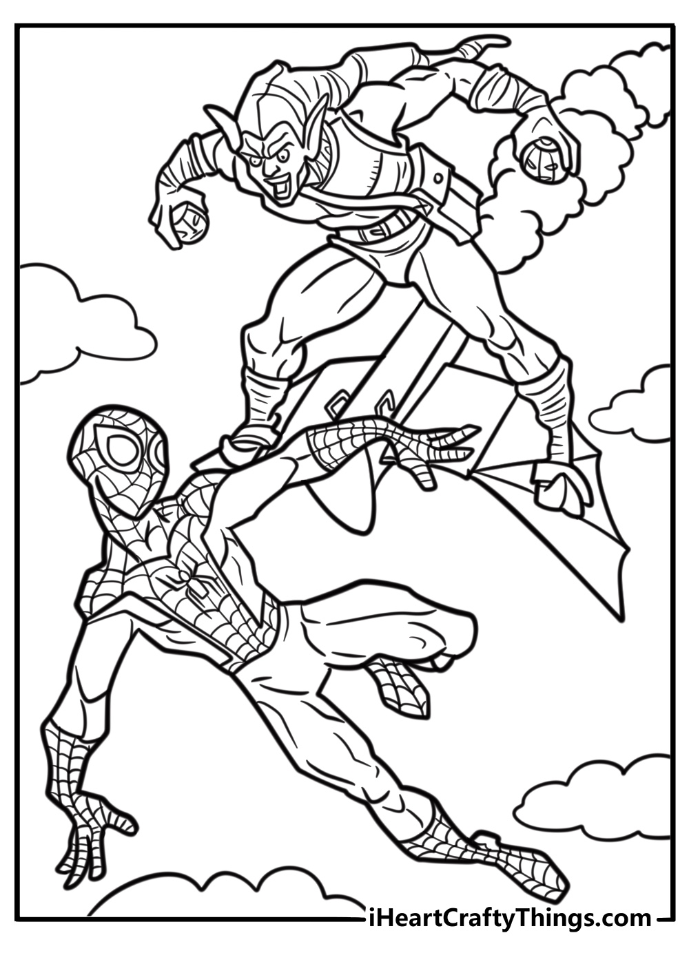 Green goblin battling spider man fun printable coloring sheet