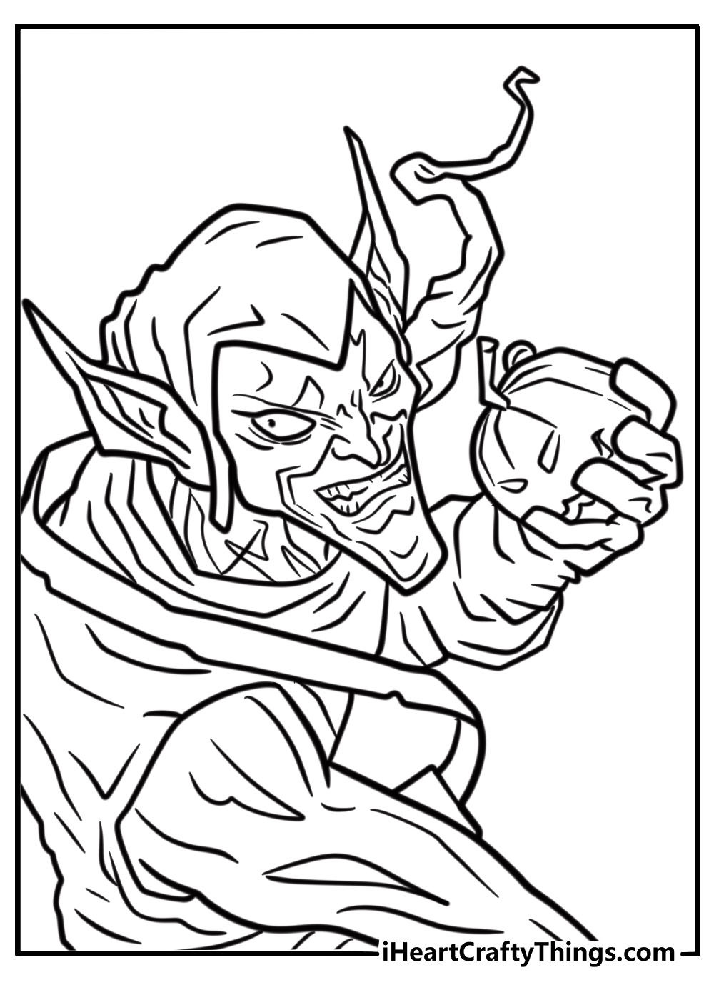 Green goblin causing destruction free printable coloring page