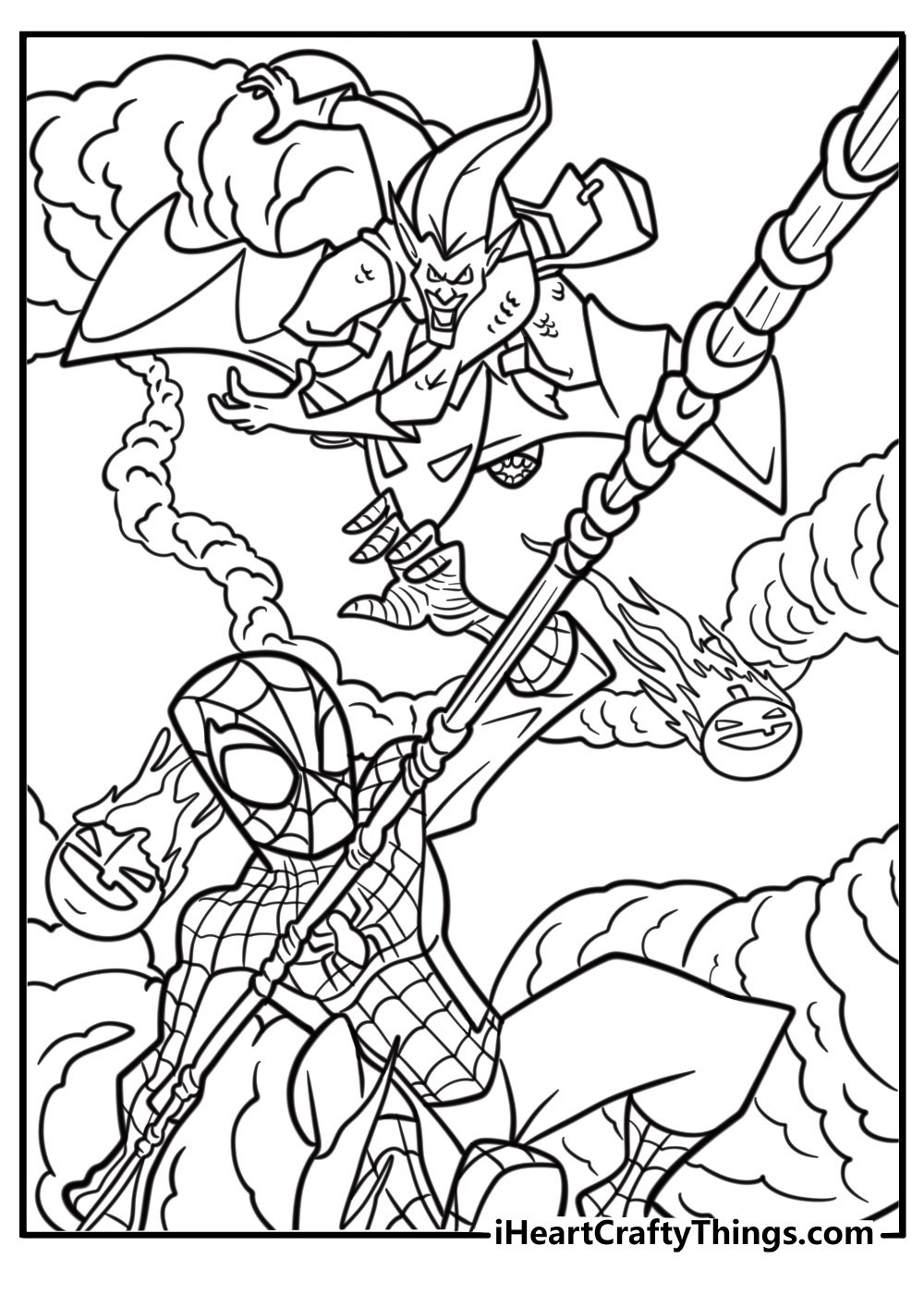 Green goblin chasing spider man fun coloring sheet