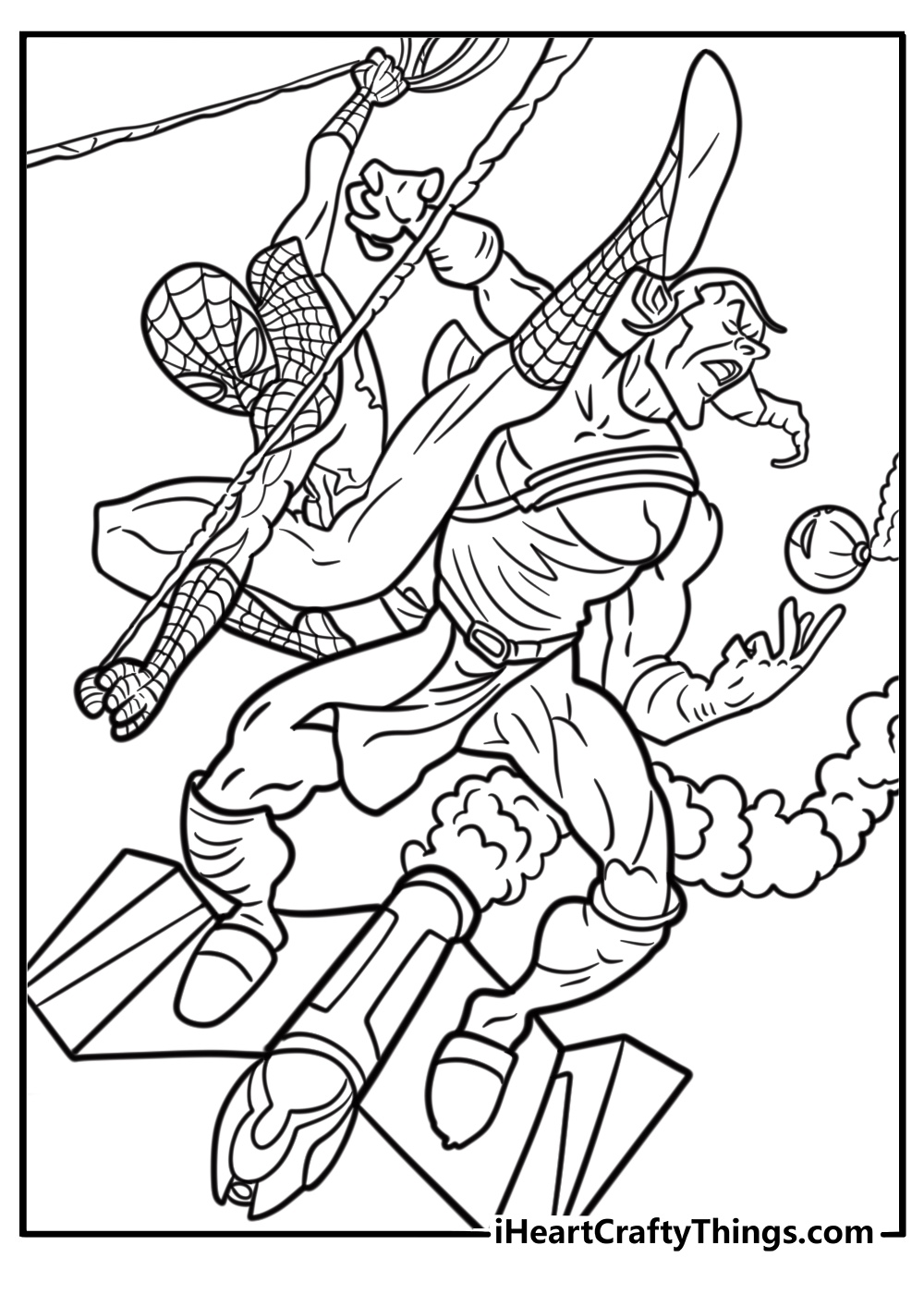 Green goblin escaping from spider man free coloring page pdf