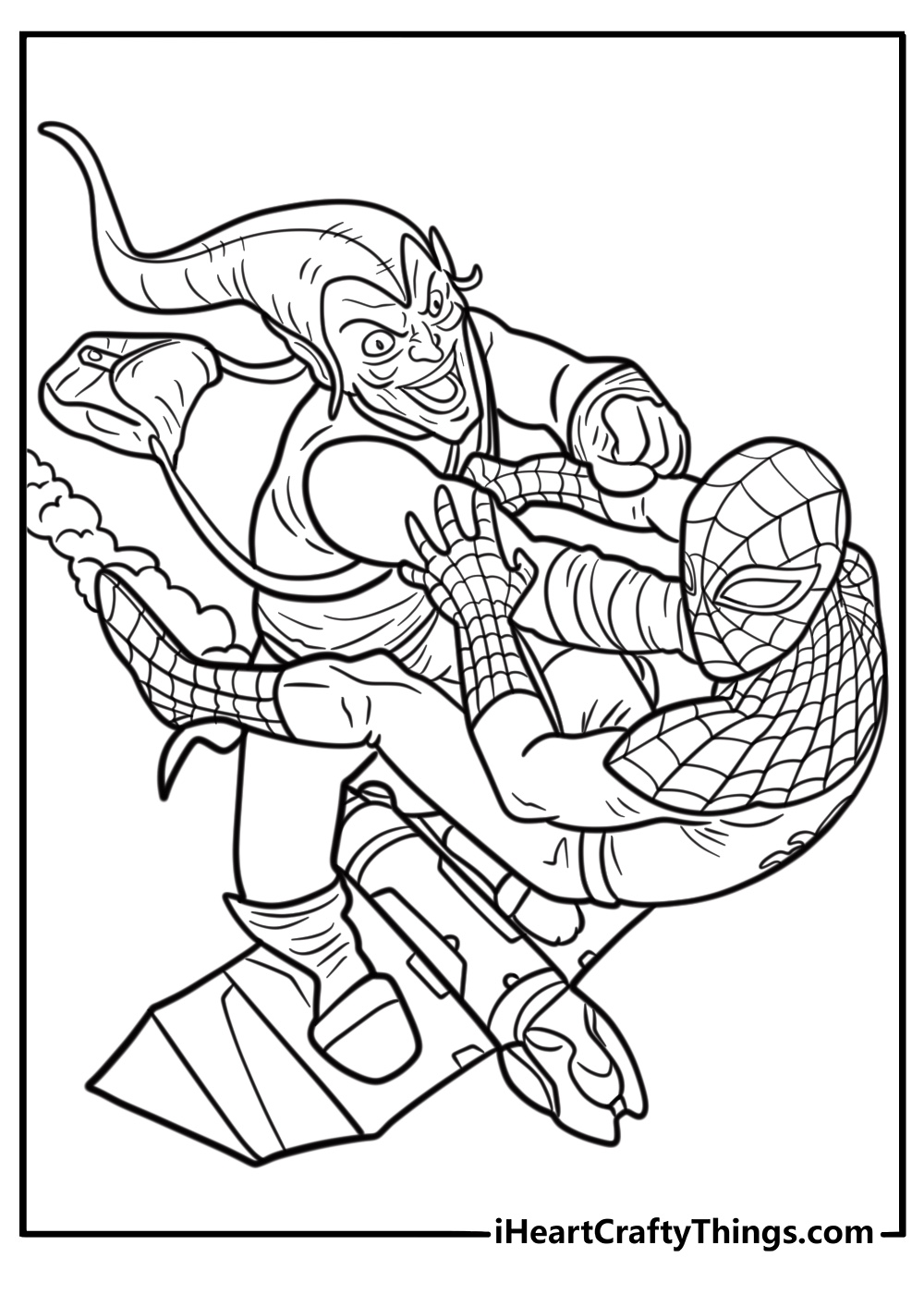 Green goblin fighting Spider Man fun coloring sheet