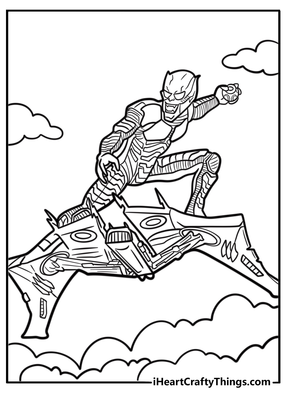 Green goblin flying on his glider detailed coloring sheet