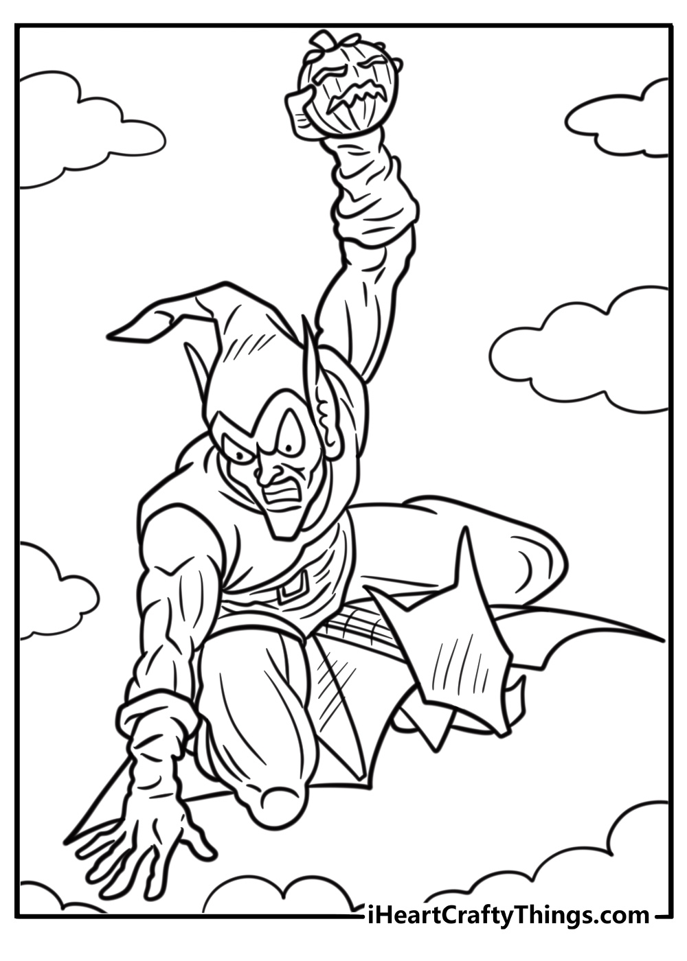 Green Goblin holding a pumpkin bomb with a sneer fun coloring sheet