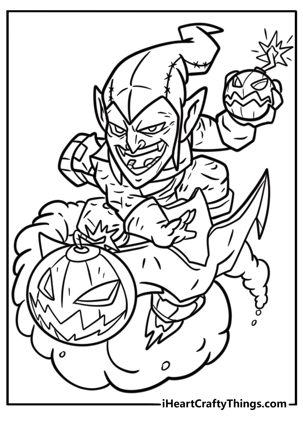 Green goblin in an action pose fun printable coloring sheet