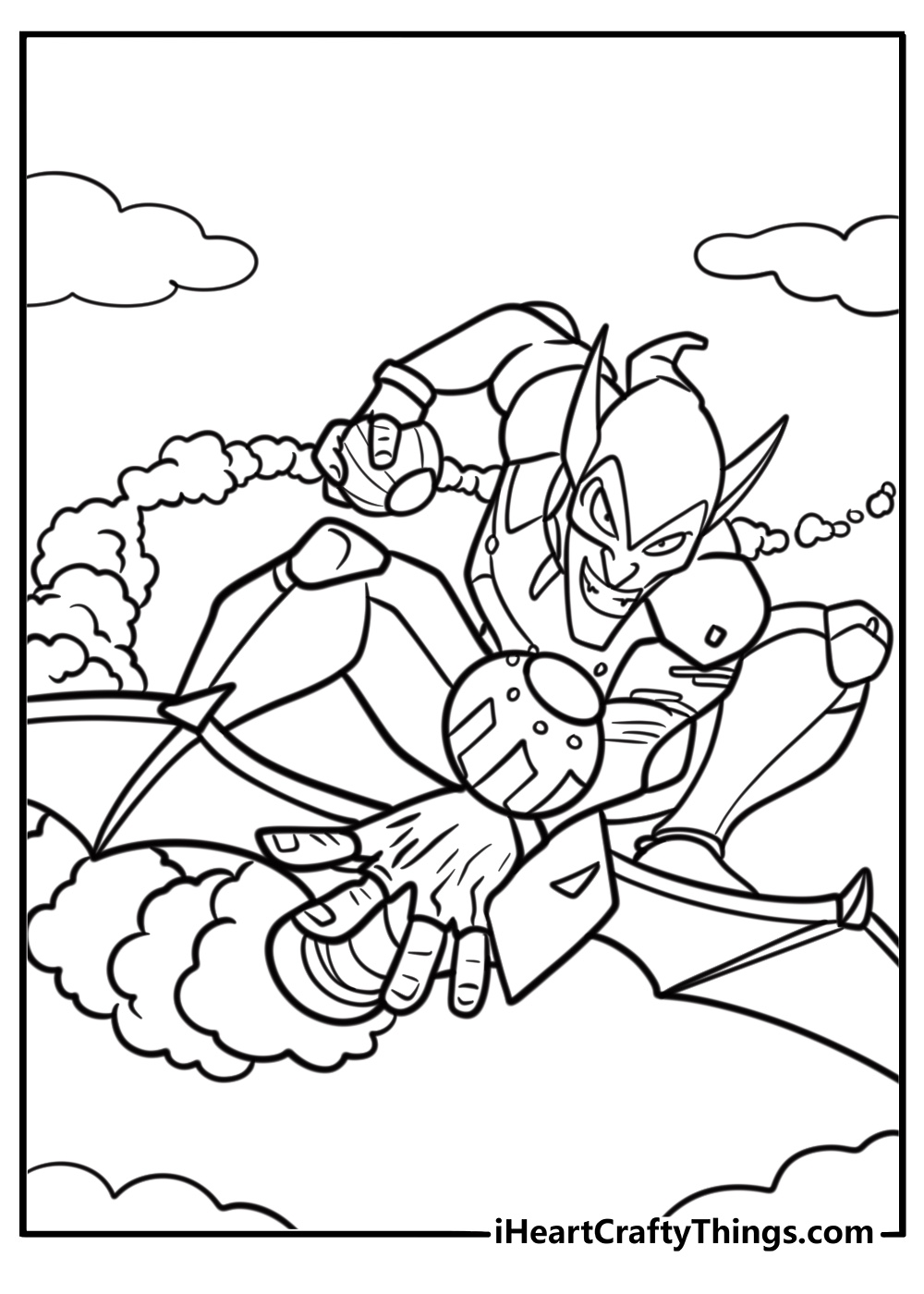 Green goblin in mid air throwing a bomb printable coloring page