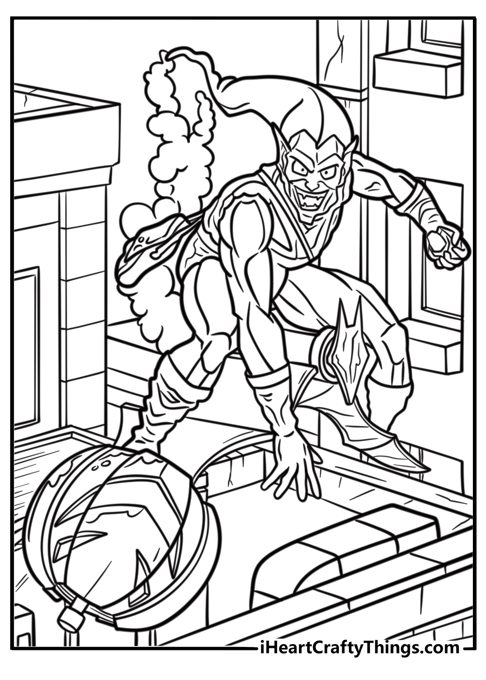 Green goblin soaring over the city detailed coloring sheet