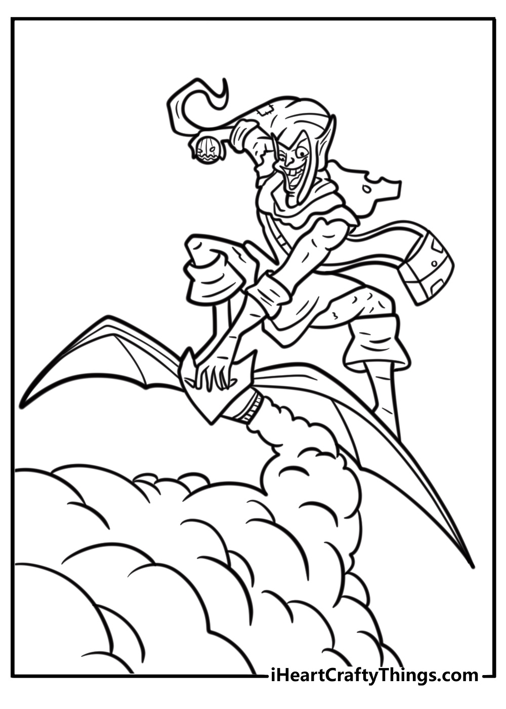 Green goblin standing on his glider coloring page for kids